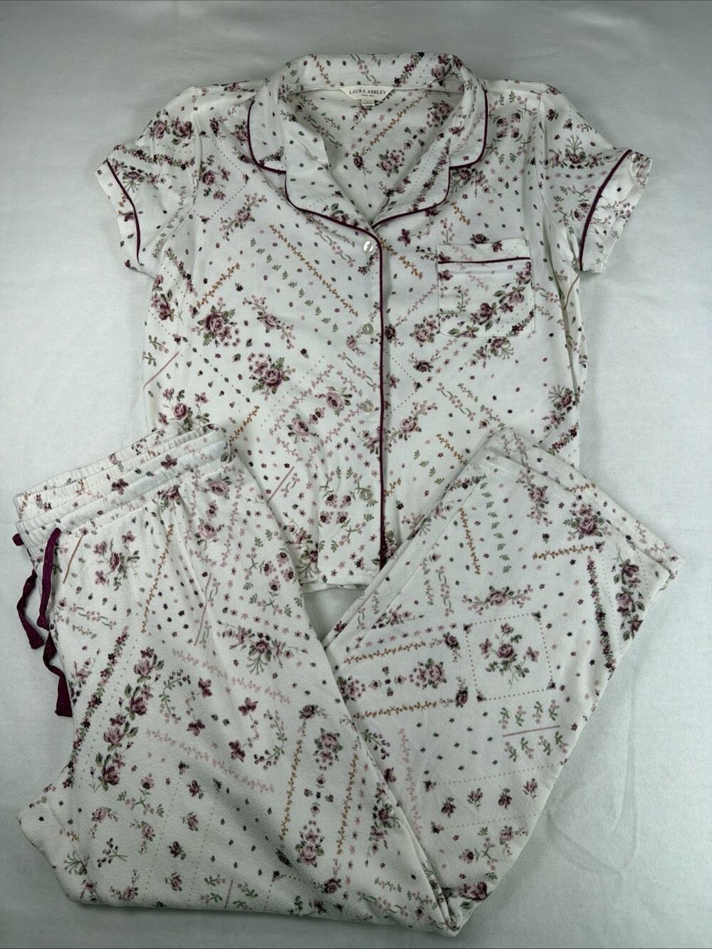 Laura Ashley Floral Dream Pajama Set L White Pink Cottagecore Buttery Soft